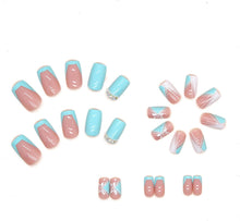 24pcs French Tip False Nails Short Square Stick on Nails Blue Pink Press on Nails with White Flower Patterns Removable Glue-on Nails Full Cover Fake Nails Women Girls Nail Art Accessories