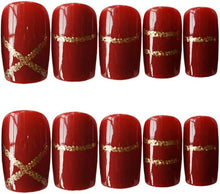 24pcs Artificial False Nails with 12 Different Sizes Red Short Square Head Gold Glitter Stripes Full Coverage Acrylic Fake Nails for Girls Women