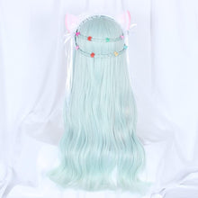 Mcoser Long Wavy Green Wigs with Bangs Long Wavy Curly Wigs for Women Synthetic Hair Heat Resistant Fiber Wig Harajuku Style Cosplay Wig Costume Party Halloween Daily Use (Light Green)