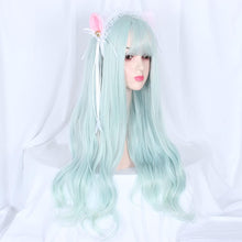 Mcoser Long Wavy Green Wigs with Bangs Long Wavy Curly Wigs for Women Synthetic Hair Heat Resistant Fiber Wig Harajuku Style Cosplay Wig Costume Party Halloween Daily Use (Light Green)