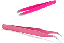 2-Piece Eyebrow and Eyelash Tweezers Set, Stainless Steel Angled Eyelash Clips + Elbow Eyelash Clips, for Removing Broken Hair, Brows, Facial or Ingrown Hair, Professional Makeup Tool (Pink)