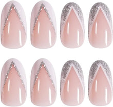 24pcs French Tip False Nails White & Glitter Silver Edge Short Press on/ Stick on nails Removable Glue-on Fake Nails Acrylic Full Cover Nails Women Girls Nail Art Accessories