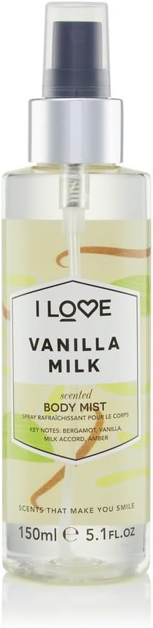 I Love Vanilla Milk Scented Body Mist, Formulated With Natural Fruit Extracts Which Offer a Burst of Fragrance, FastDrying Refreshment Throughout the Day, VeganFriendly 150ml