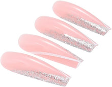 Brishow Coffin False Nails Pink Long Fake Nails French Glitter Press on Nails Ballerina Acrylic Stick on Nails 24pcs for Women and Girls (a)