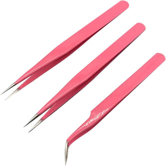 Eyelash Tweezers 3 Pieces Pink Lash Tweezers Set,Lash Tweezers for Eyelash Extensions,Ladies Girls Stainless Steel Metal Eyelash Tweezers False Lash Application Tool