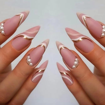 Almond Fake Nails 24 PCS Matte Pink Press on Nails French Tips Nails with White Pearls & Gold Line Design Full Cover Cute Nails Women and Teen Girls