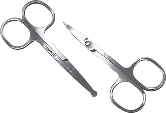 2pcs Stainless Steel Facial Hair Scissors Set Pointed Scissors & Round Tip Nose Hair Makeup Tools Suitable for Men and Women etc. Use at Home or Salon Easy to Carry