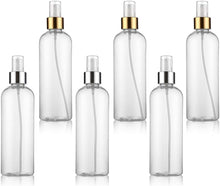 KIPETTO 6Pcs Clear Fine Mist Spray Bottles with Gold and Silver Trim Atomizers Dust Caps, BPA Free PET Plastic Empty Travel Containers for Aromatherapy, Facial Spray, Hair Styling, 100ml