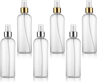 KIPETTO 6Pcs Clear Fine Mist Spray Bottles with Gold and Silver Trim Atomizers Dust Caps, BPA Free PET Plastic Empty Travel Containers for Aromatherapy, Facial Spray, Hair Styling, 100ml