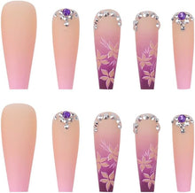 Bramian 24pcs Gradient Flowers Purple Rhinestones Coffin Sequins Ballerina Press on Nails Pink Long Glossy False Nail Full Cover Fake Nails Stick on Nails for Women and Girls