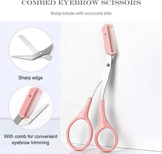 GIMIRO Eyebrow Scissors with Combs Eyebrow Trimmer Manual Hair Shaver Eyebrow Remover Hair Cutting Set Beauty Tools (PINK PRO)