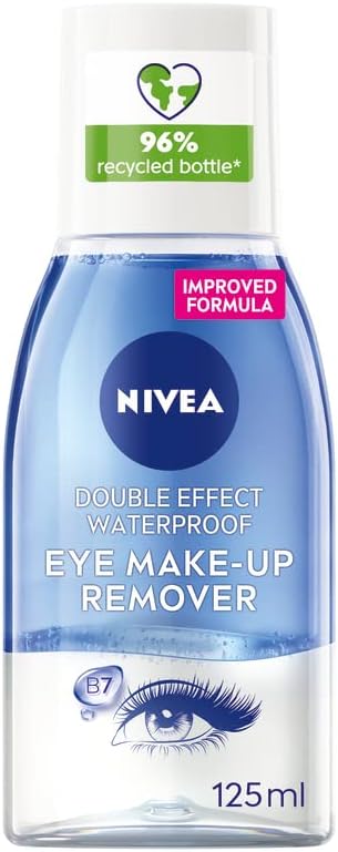 NIVEA Double Effect Waterproof Eye Make-Up Remover (125 ml), Daily Use Face Cleanser for Make-Up and Mascara with Cornflower Extract and Biotin