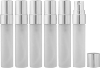 Enslz 10pcs Fine Mist 5ml Atomizer Clear Frosted Glass Bottle Vial Spray Refillable Liquid Fragrance Perfume Empty Scent Bottle for Travel Makeup Party (Silver)