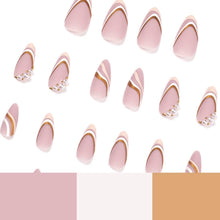 Almond Fake Nails 24 PCS Matte Pink Press on Nails French Tips Nails with White Pearls & Gold Line Design Full Cover Cute Nails Women and Teen Girls