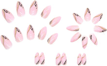 JUSTOTRY 24 Pcs Leopard Stiletto False Nails Short,Pink French Press on Nails Pattern, Swirl Fake Nails Short with Nail Glue, Almond Stick on Nails for Women, Nails Fake Nail for Nails Art