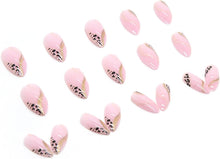 JUSTOTRY 24 Pcs Leopard Stiletto False Nails Short,Pink French Press on Nails Pattern, Swirl Fake Nails Short with Nail Glue, Almond Stick on Nails for Women, Nails Fake Nail for Nails Art