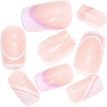 Handcess Square French False Nails Medium White Pink Press on Nails Wavy Lines Acrylic Fake Nails Coffin Stick on Nail 24Pcs for Women and Girls