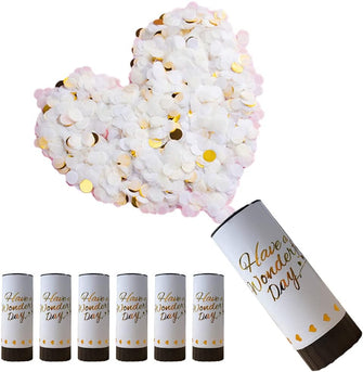 DEARLIVES 6 Pcs White Confetti Cannons, Biodegradable Confetti Wedding Party Poppers 11cm with Twisting Black Turntable to Left for Graduation Bridal Anniversary New Year Celebration Supplies