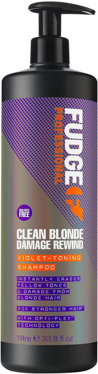 Fudge Professional Clean Blonde Damage Rewind Shampoo, Bulk Size, Intense Purple Toning for Blonde hair, Bond Repair Technology, Sulfate Free, 1 Litre