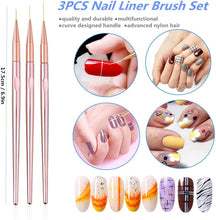 FULINJOY 3 Pcs Rose Gold Nail Art Liner Brushes Set, UV Gel Acrylic Application Nail Pens Nail Art Designs Tools(7mm/9mm/11mm)