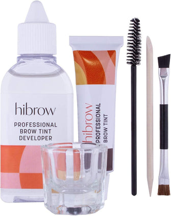 Hi Brow Professional Tinting Kit - Eyebrow Dye Full Size Set - 15ml Tint, 50ml Tint Developer, Glass Mixing Dish, Dual End Brush, Mascara Wand, Orange Wood Stick (Dark Brown)