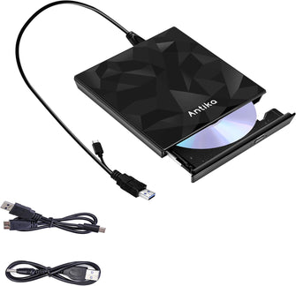 Antika External CD DVD Drive TypeC USB 3.0 Extended Cable Backup Power Line Portable DVD Player CD/DVD +/-RW Burner Reader for Laptop Desktop PC Apple Mac Macbook Pro Windows 11/10/8/7 / XP Linux OS