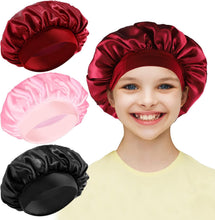 3 Pieces Kids Silk Bonnet, Children Satin Bonnet Hair Bonnets Elastic Wide Band Night Sleep Bonnet Soft Satin Sleep Caps Hair Cap for Kids Girls Sleeping Hair Care