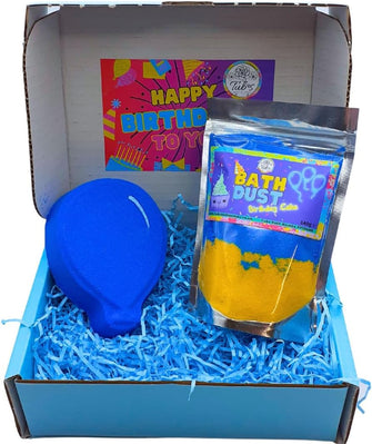 Happy Birthday Bath Gift Box Blue Bath Dust and Balloon Bathbomb Present Gift Set Children Kids Boys Girls Fizzer Bday Idea