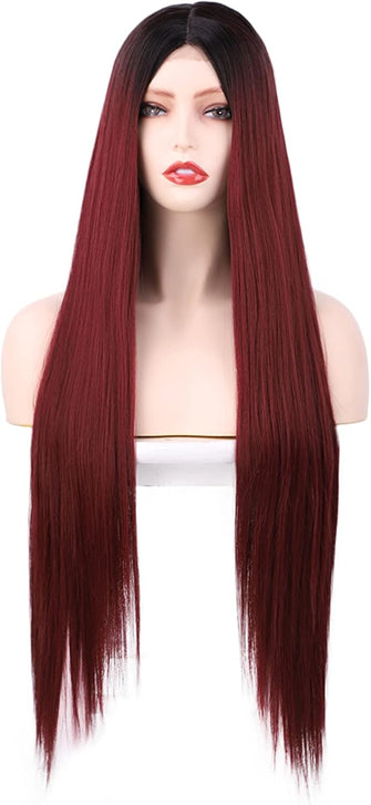 Luovce Synthetic Wigs for Women Long Straight Wig Middle Part 28 Inches (R2/188 Ombre Burgundy Colour)