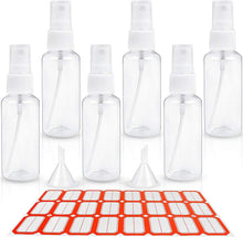 HTHL 6 PCS Set 50ML Spray Bottles Plastic Transparent Mist Spray Bottles with 2 Funnels and 1 Sheet Label Empty Travel Atomiser Refillable Liquid Containers for Perfume Cosmetic and Liquids