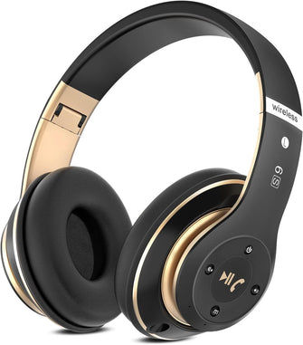 Rebocico Bluetooth Headphones Over Ear, 6 EQ Modes Wireless Headphones Over Ear,65 Hours Playtime Foldable Lightweight Wireless Headphones,with Built-in HD Mic, FM, SD/TF for PC/HomeBlack & Gold