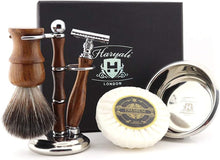 Haryali London Wooden Mens Shaving Kit Double Edge Safety Razor, Synthetic Badger Hair Brush, Stand, Bowl & Soap Perfect Set for Men