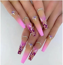 Bramian 24pcs Gradient Flowers Purple Rhinestones Coffin Sequins Ballerina Press on Nails Pink Long Glossy False Nail Full Cover Fake Nails Stick on Nails for Women and Girls