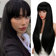 Kalyss 28 inches Womens Silky Long Straight Black Wigs High Resistant Synthetic Wig With Bangs for Women