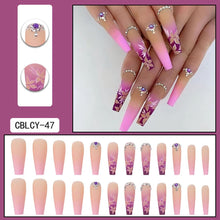 Bramian 24pcs Gradient Flowers Purple Rhinestones Coffin Sequins Ballerina Press on Nails Pink Long Glossy False Nail Full Cover Fake Nails Stick on Nails for Women and Girls