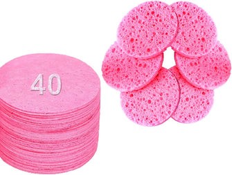 Compressed Face Sponge - Pack of 40 Pink  Cellulose Facial Sponges  Natural Cosmetic Spa Sponges for Facial Cleansing, Exfoliating Mask, Makeup Removal  Round Biodegradable & Reusable Face Pads