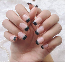 French Fake Nail Nude Nails with Black and Glitter Top Artificail Nails for Daily Wear Medium Size False Nails