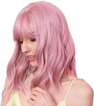 HAIRCUBE Lovely Pink Bob Wigs 14 Inch Pink Wigs for Women Girls Short Curly Synthetic Wig with Bangs