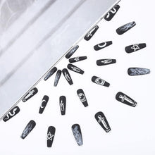 Neckon 24Pcs Coffin Press on Nails Black Star and Moon Fake Nails Long Snake False Nails Matte Acrylic Nail for Women and Girls