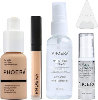 Phoera Foundation Full Coverage Makeup Set - Includes Nude 30ml Matte Foundation, Phoera Concealer (Neutral), 6ml Face Primer, 50ml Setting Spray & Silicone Blender Sponge for Easy Application