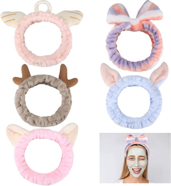 5 Pcs Makeup Headbands, Cat Ears Bowknot Hair Bands, Elastic Women's Hair Wrap Towel Head Bands, Fluffy Make Up Hairbands for Women Girl Spa Shower Face Washing Facial Skincare Headband