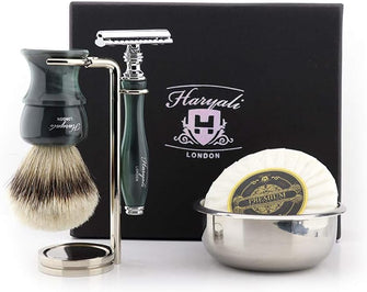 Haryali London Mens Shaving Set with Double Edge Safety Razor, Silvertip Badger Hair Shaving Brush, Stainless Steel Stand, Shaving Soap and Bowl Perfect Set for Men