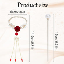 NICENEEDED Sparkle Pearls Hair Sticks, Glossy Beaded Tassels Hair Slide Hairpins for Long Hair Decoration, Red Rose Chignon Buns Holder Clips for Women and Girls