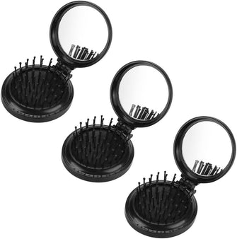 LEEQBCR 3 Packs Folding Travel Mirror with Hair Brushes Round Portable Pocket Hair Brush with Mini Mirror Comb for Women and Girls (Black)