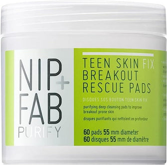 Nip + Fab Teen Skin Fix Zero Breakout Rescue Face Pads with Salicylic Acid, Witch Hazel and Antioxidant Wasabi Extract, BHA Facial Pad for Cleansing Pores Prevent Breakouts Blemishes, 60 Count