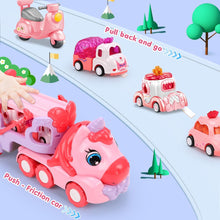 JQLM 5 IN 1 Unicorn Toy Girl Cars, Carrier Truck Toys for Girls Toddlers with Sound&Light, Birthday Christmas Toys Gifts for 2 3 4+ Year Old Baby Girls Boys Kids (Pink)