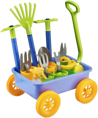 Delex Pull along Kids Wagon Wheelbarrow and Gardening, Beach and Tools Play Set With Water Pail and Spray Includes 10 Accessories and 4 Plant Pots