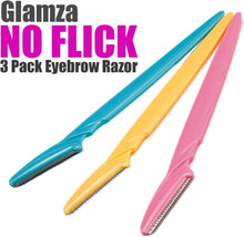 Glamza No Flick 3 Pack Eyebrow Brow Shaper Razor & Dermaplaning Safe Painless Portable Women's Shaver Trimmer Tool Grooming Kit