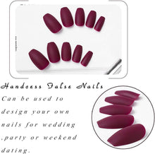 Handcess Coffin Matte False Nails Red Ballerina Press on Nails Medium Fake Nail Wine Pure Color Full Cover Stick on Nails for Women and Girls(24Pcs)