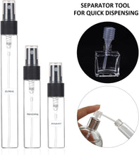 18pcs mini glass perfume atomizer, 3ml travel bottle 5ml portable clear bottle 10ml makeup remover spray bottle with 3pcs perfume pump, 3pcs pipettes and 56pcs empty labels.